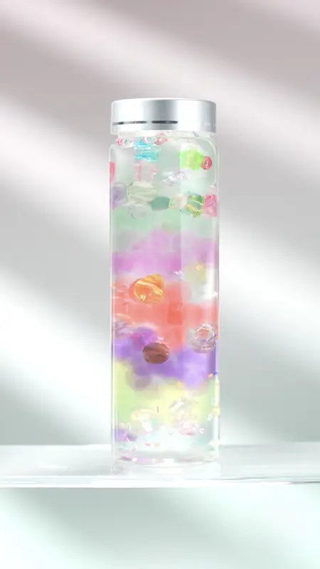 花を封入したボトルを光で透過させて撮影した物撮り作例